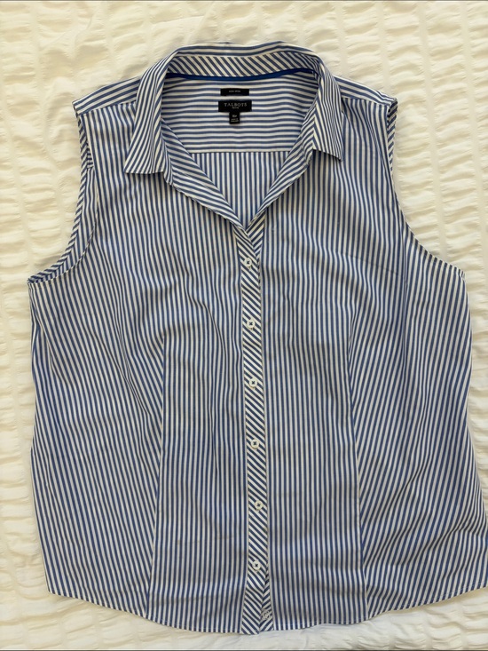 Talbots Tops - Talbots Blue/White Vertical-Striped Sleeveless Button-Down Shirt. Petite No Iron